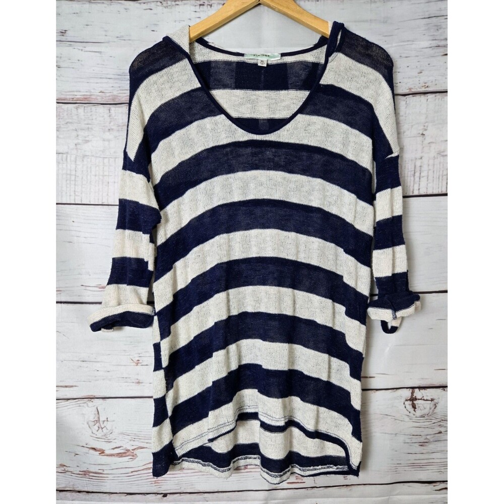 Pleione Womens Sweater Size XL Blue White Striped Lightweight Hood Pullover